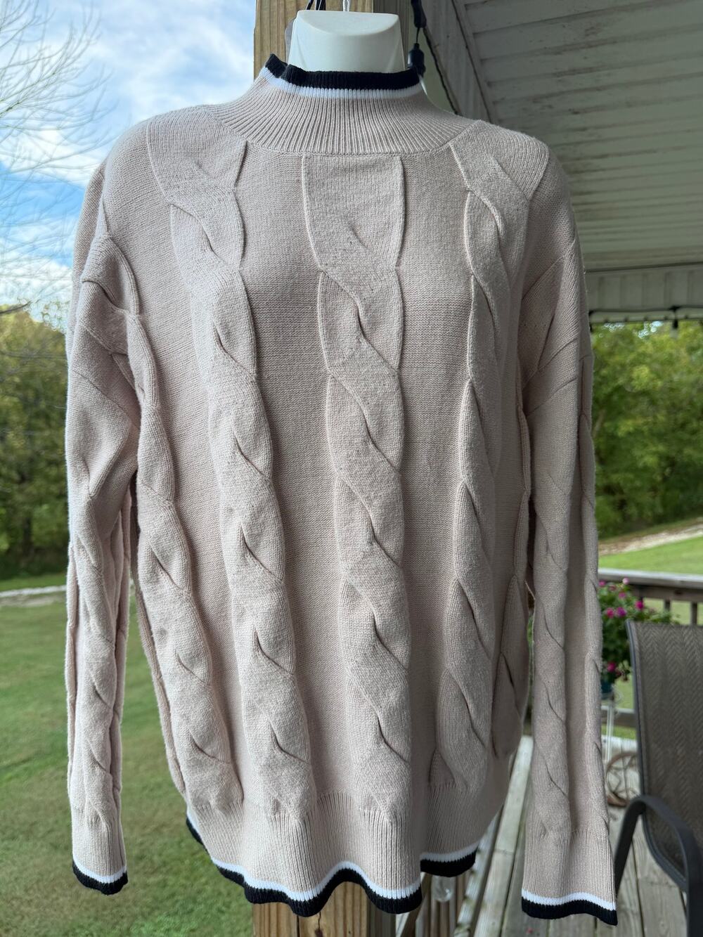 ZESICA Cable Knit Sweater Womens M Beige Chunky Braid Mock Neck Preppy Old Money